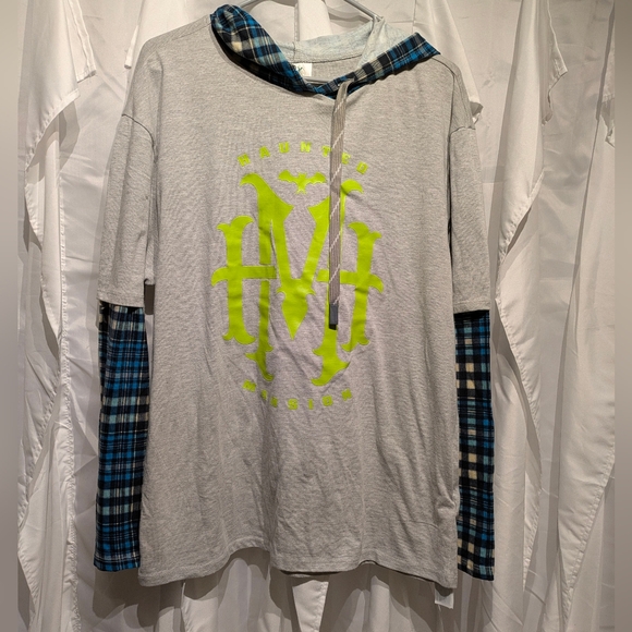 B2 Haunted Mansion Gray Hoodie with Blue Plaid Sleeves In Excellent Condition - Picture 1 of 4